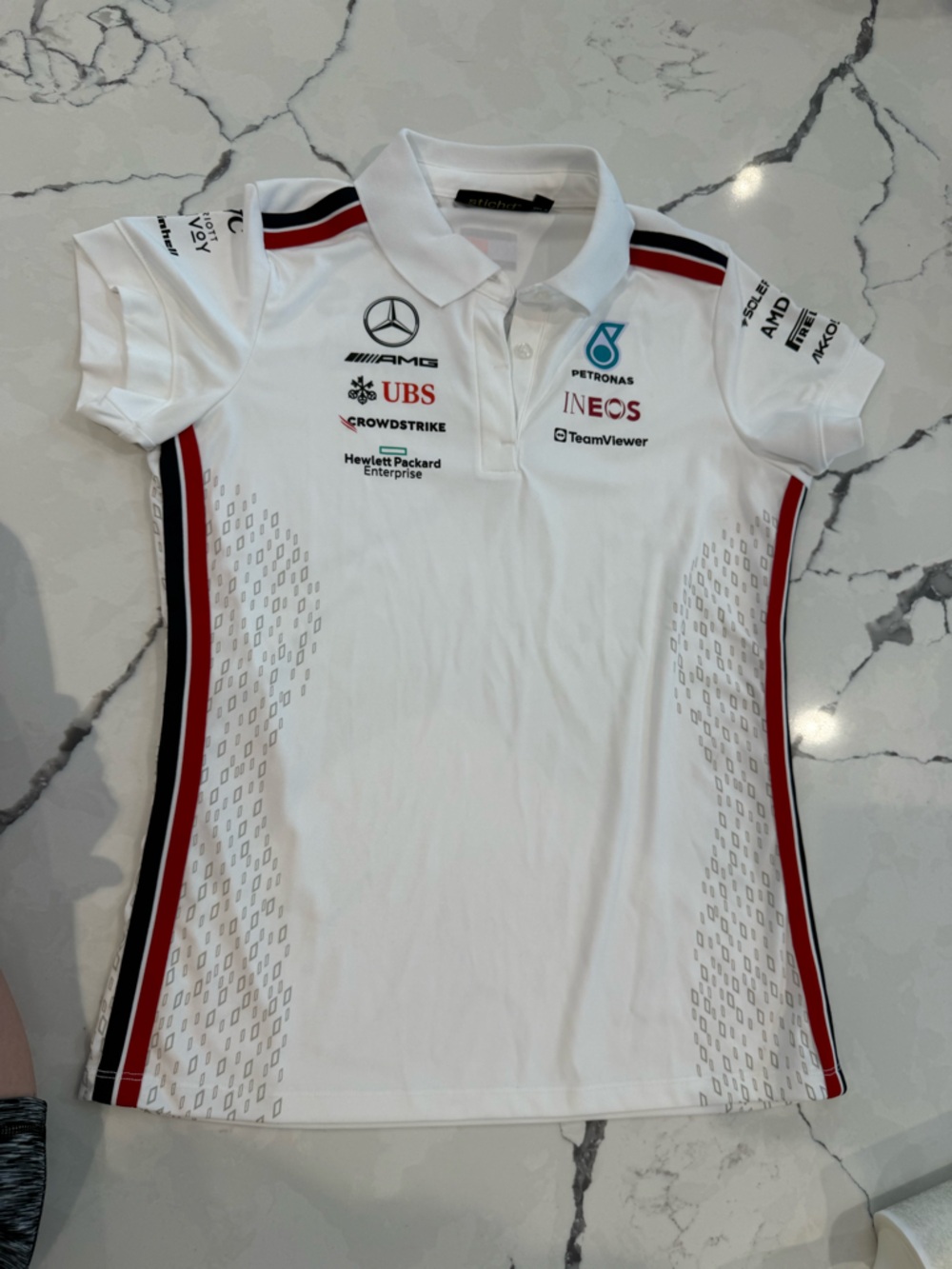 Mercedes AMG Petronas White Polo Jersey with Red and Navy Blue Stripes